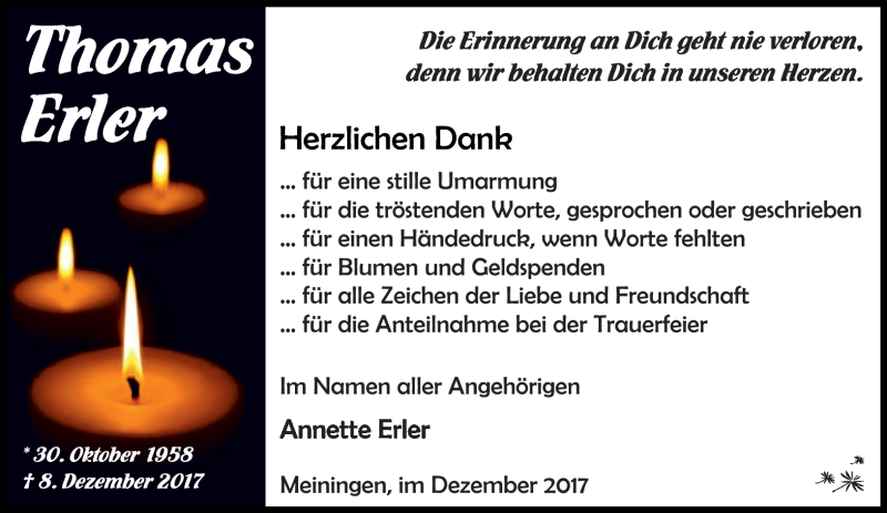  Traueranzeige für Thomas Erler vom 30.12.2017 aus Südthüringer Presse