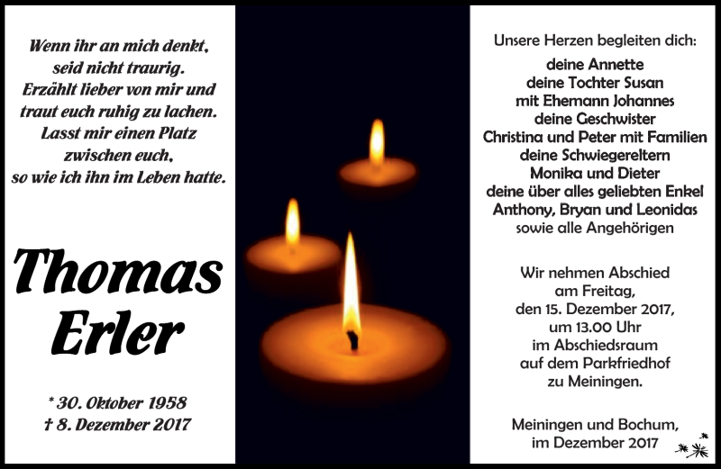  Traueranzeige für Thomas Erler vom 12.12.2017 aus Südthüringer Presse