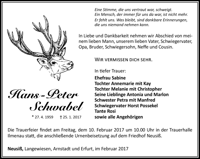  Traueranzeige für Hans-Peter Schwabel vom 07.02.2017 aus Südthüringer Presse