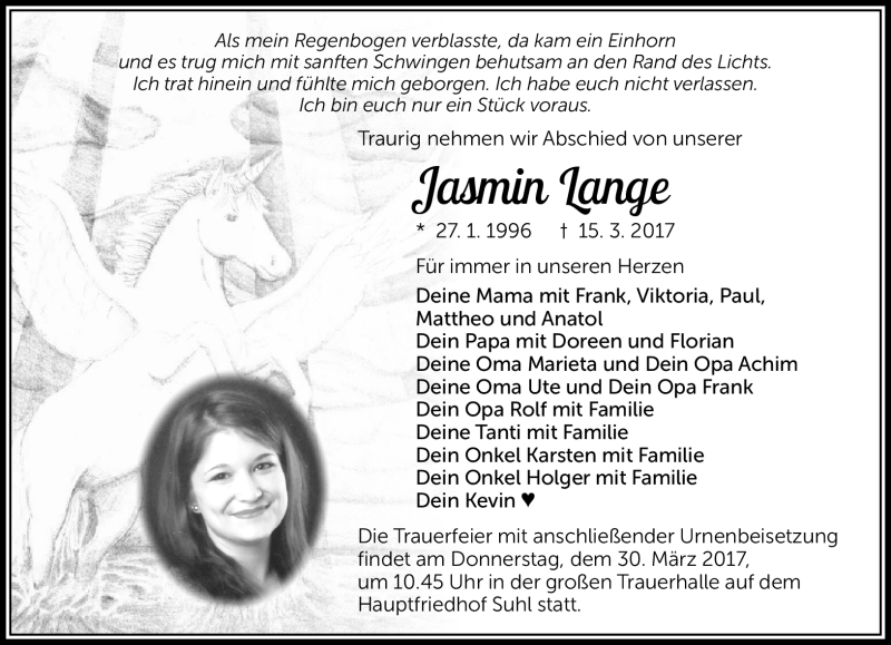  Traueranzeige für Jasmin Lange vom 25.03.2017 aus Südthüringer Presse