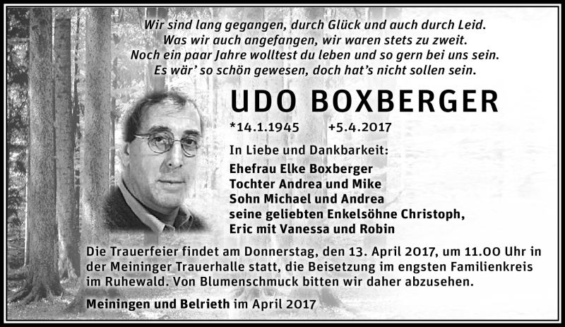  Traueranzeige für Udo Boxberger vom 08.04.2017 aus Südthüringer Presse
