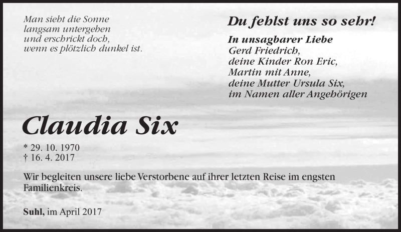  Traueranzeige für Claudia Six vom 22.04.2017 aus Südthüringer Presse