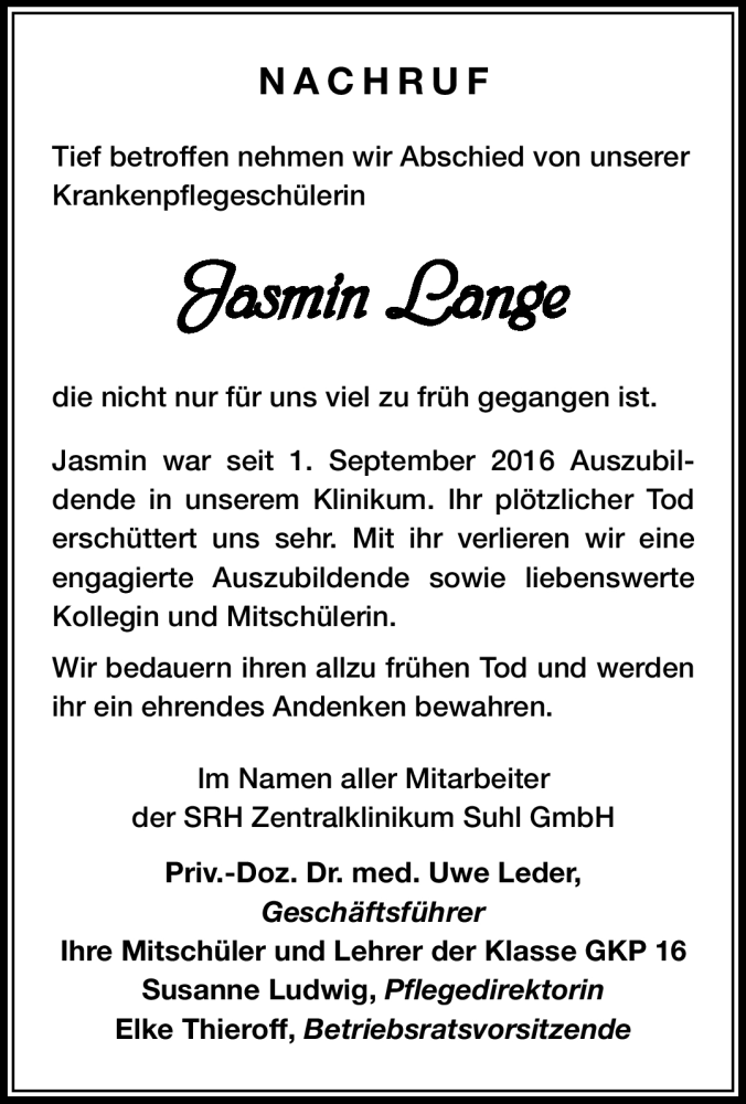  Traueranzeige für Jasmin Lange vom 01.04.2017 aus Südthüringer Presse