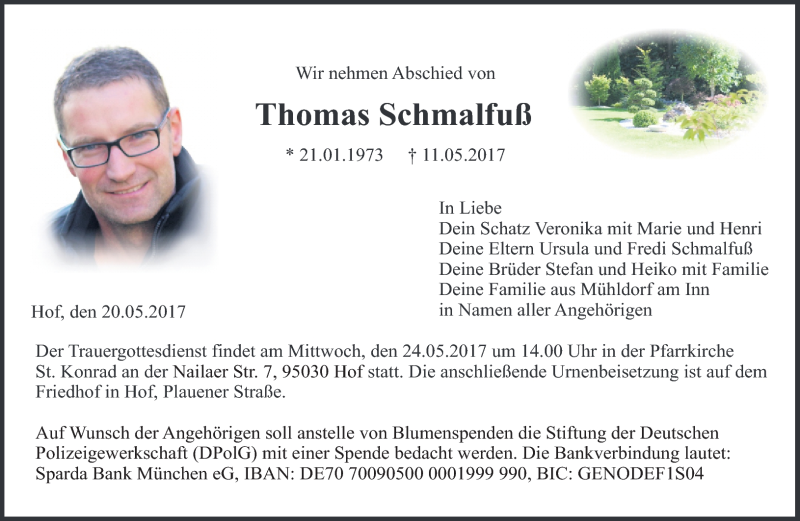  Traueranzeige für Thomas Schmalfuß vom 20.05.2017 aus Frankenpost