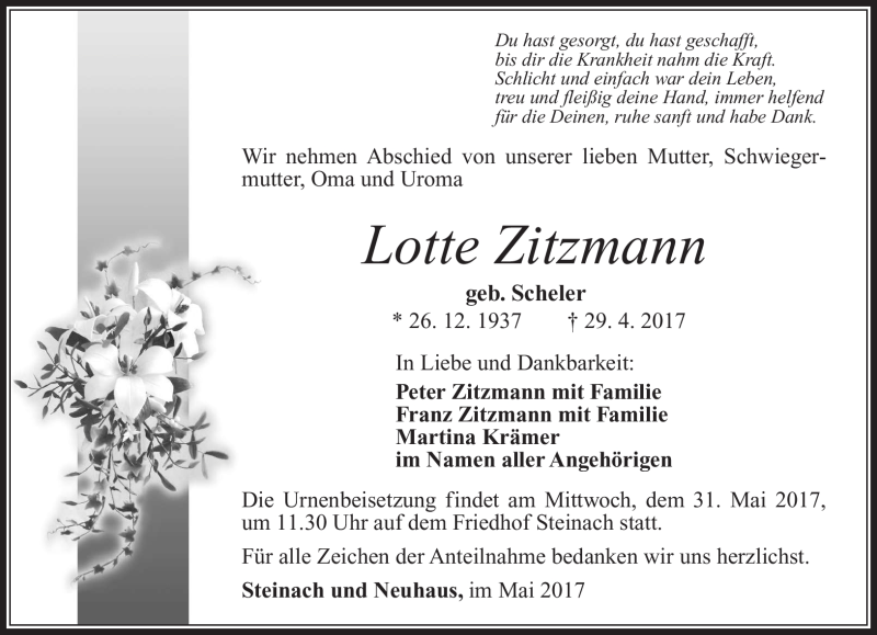 Traueranzeige für Lotte Zitzmann vom 13.05.2017 aus Südthüringer Presse