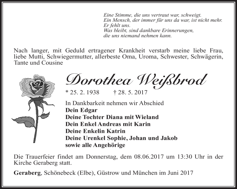  Traueranzeige für Dorothea Weißbrod vom 03.06.2017 aus Südthüringer Presse