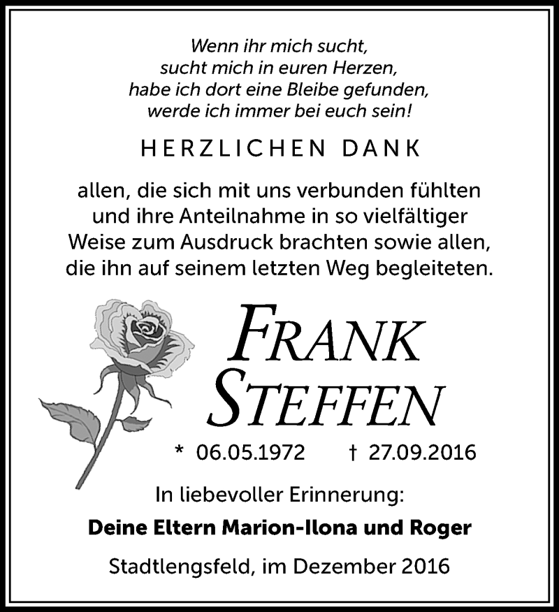  Traueranzeige für Frank Steffen vom 02.12.2016 aus Südthüringer Presse