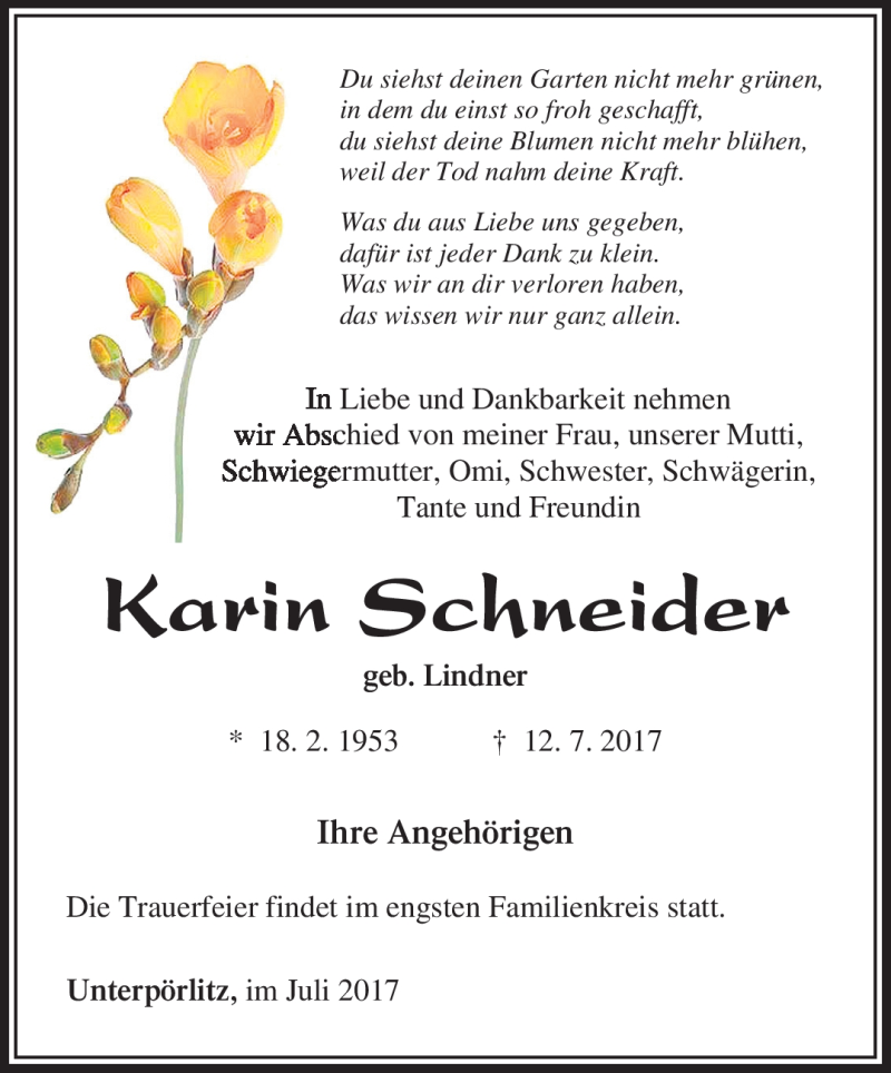  Traueranzeige für Karin Schneider vom 19.07.2017 aus Südthüringer Presse