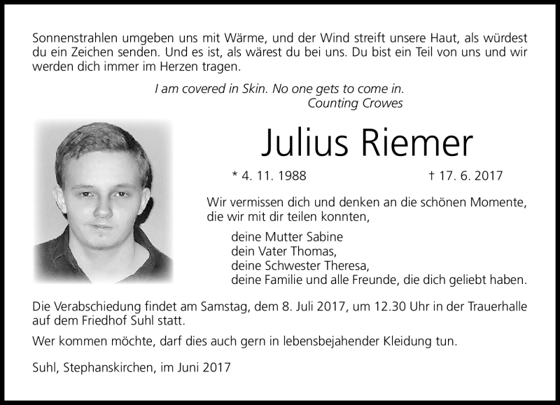  Traueranzeige für Julius Riemer vom 01.07.2017 aus Südthüringer Presse