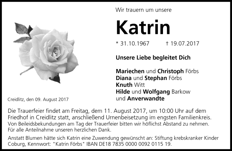  Traueranzeige für Katrin Förbs vom 09.08.2017 aus Neue Presse Coburg
