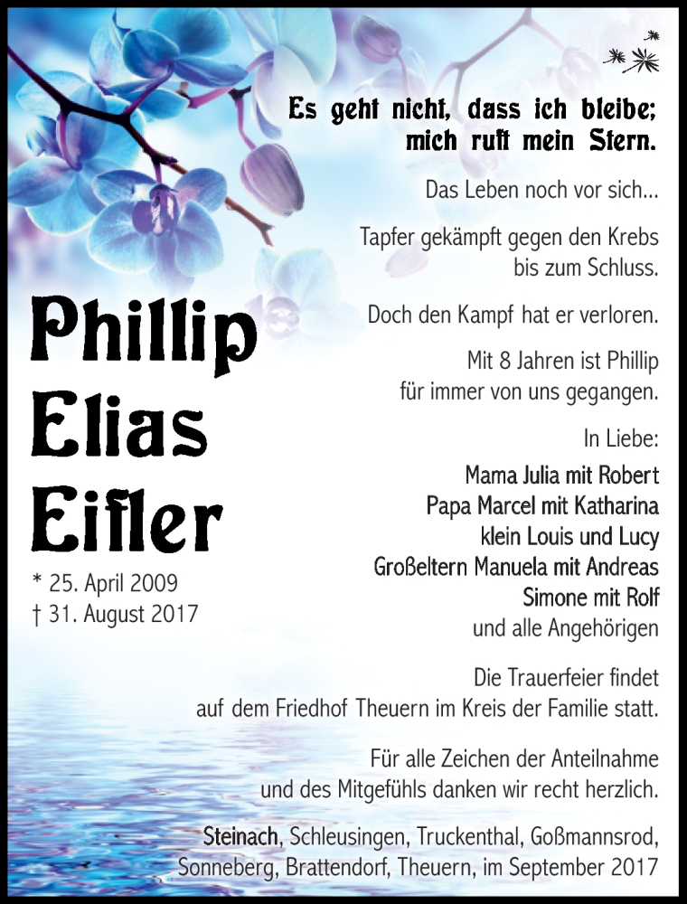  Traueranzeige für Phillip Eifler vom 06.09.2017 aus Südthüringer Presse