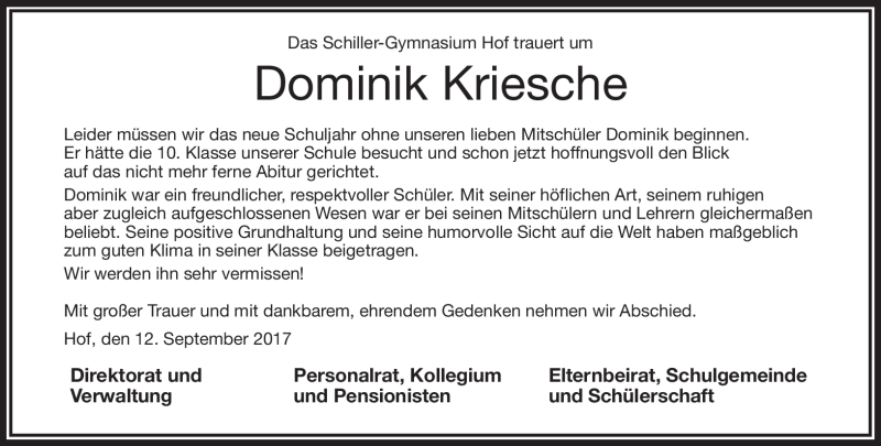  Traueranzeige für Dominik Kriesche vom 12.09.2017 aus Frankenpost