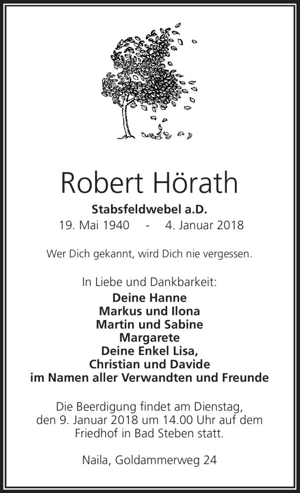  Traueranzeige für Robert Hörath vom 08.01.2018 aus Frankenpost