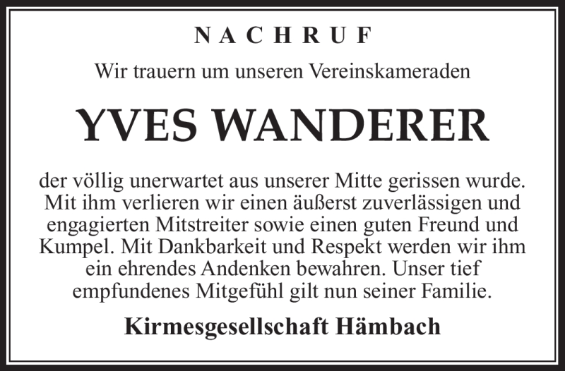  Traueranzeige für Yves Wanderer vom 30.01.2018 aus Südthüringer Presse