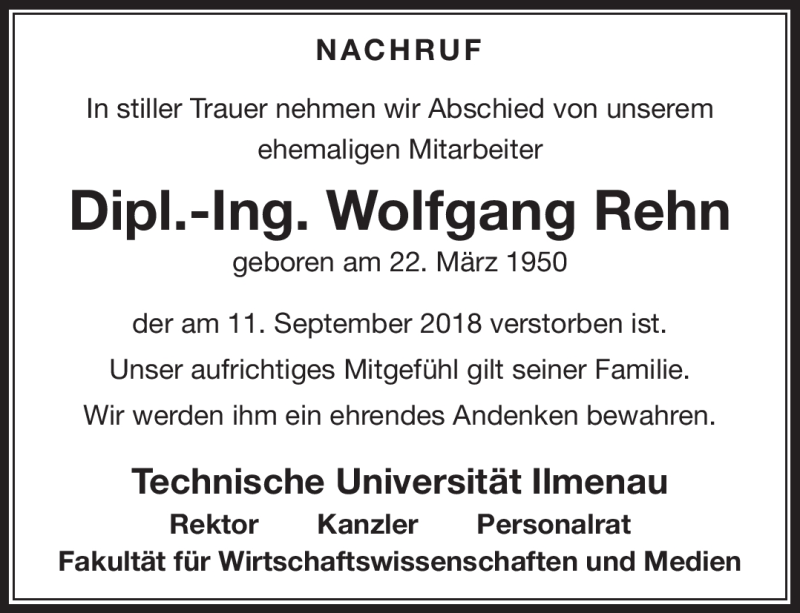  Traueranzeige für Wolfgang Rehn vom 06.10.2018 aus Südthüringer Presse