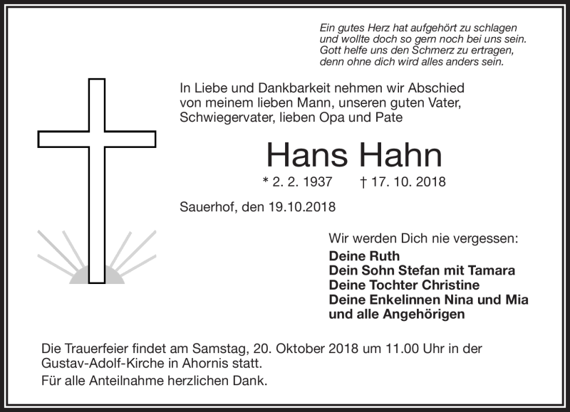  Traueranzeige für Hans Hahn vom 19.10.2018 aus Frankenpost
