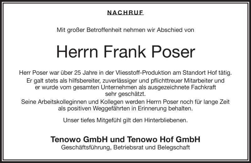  Traueranzeige für Frank Poser vom 12.10.2018 aus Frankenpost