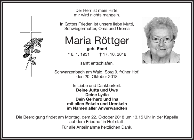  Traueranzeige für Maria Röttger vom 20.10.2018 aus Frankenpost
