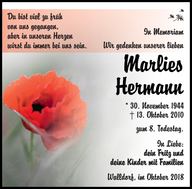 Traueranzeige für Marlies Hermann vom 13.10.2018 aus Südthüringer Presse