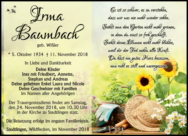  Traueranzeige für Irma Baumbach vom 17.11.2018 aus Südthüringer Presse