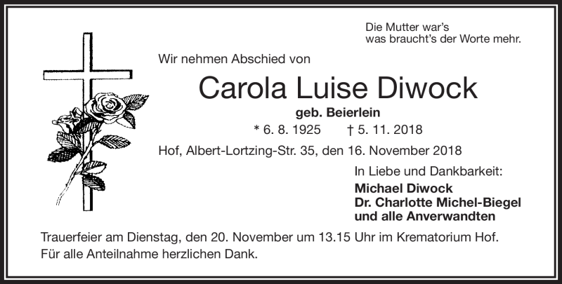  Traueranzeige für Carola Luise Diwock vom 16.11.2018 aus Frankenpost