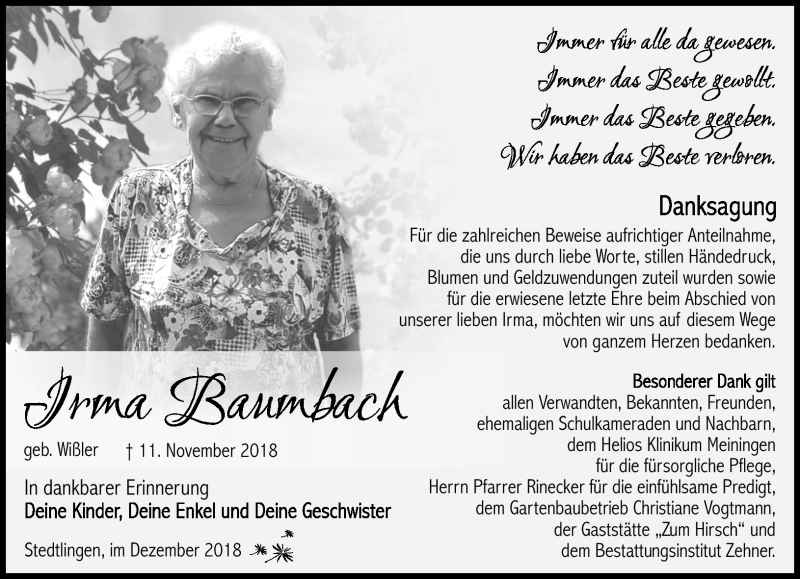  Traueranzeige für Irma Baumbach vom 08.12.2018 aus Südthüringer Presse