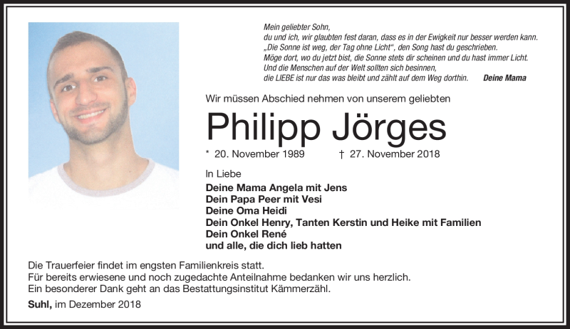  Traueranzeige für Philipp Jörges vom 08.12.2018 aus Südthüringer Presse