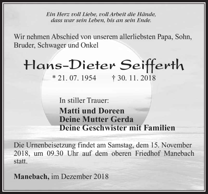  Traueranzeige für Hans-Dieter Seifferth vom 08.12.2018 aus Südthüringer Presse