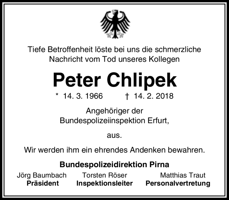  Traueranzeige für Peter Chlipek vom 17.02.2018 aus Südthüringer Presse