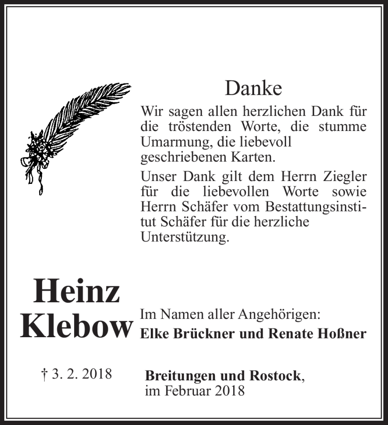  Traueranzeige für Heinz Klebow vom 28.02.2018 aus Südthüringer Presse