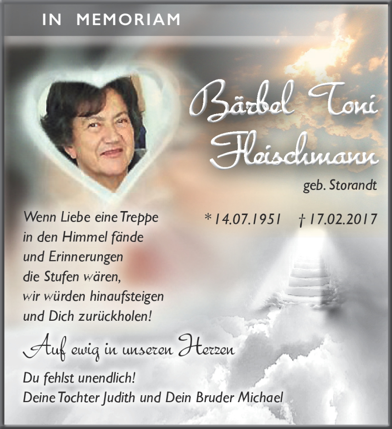  Traueranzeige für Bärbel Toni Fleischmann vom 17.02.2018 aus Südthüringer Presse