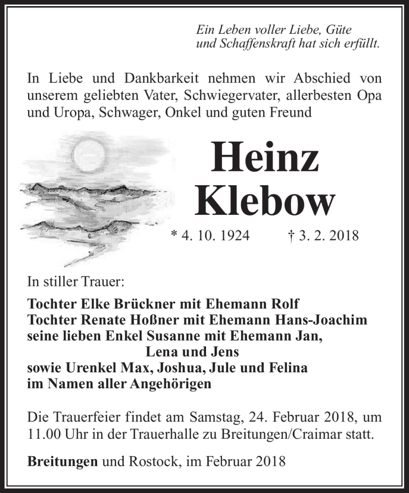  Traueranzeige für Heinz Klebow vom 20.02.2018 aus Südthüringer Presse
