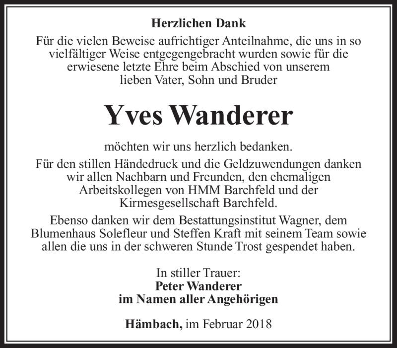  Traueranzeige für Yves Wanderer vom 10.02.2018 aus Südthüringer Presse