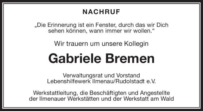  Traueranzeige für Gabriele Bremen vom 03.02.2018 aus Südthüringer Presse