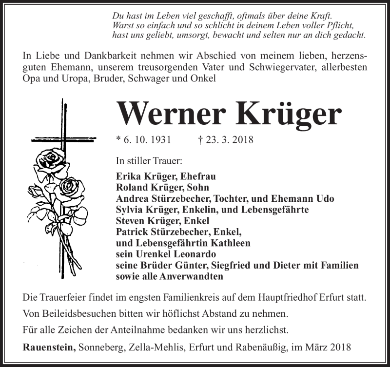  Traueranzeige für Werner Krüger vom 31.03.2018 aus Südthüringer Presse