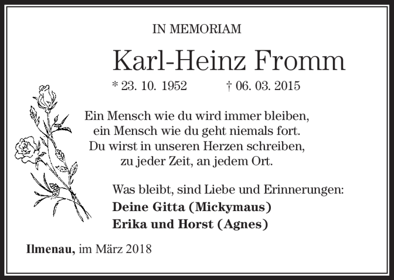  Traueranzeige für Karl-Heinz Fromm vom 06.03.2018 aus Südthüringer Presse