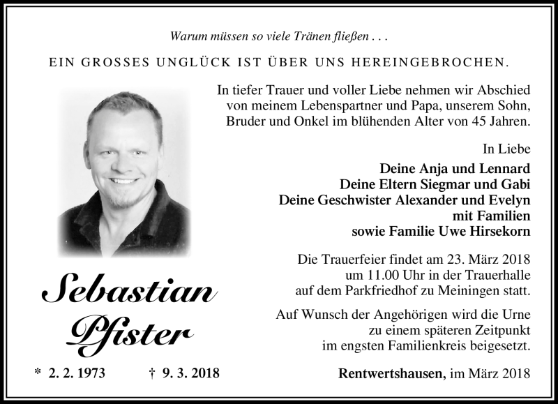  Traueranzeige für Sebastian Pfister vom 21.03.2018 aus Südthüringer Presse