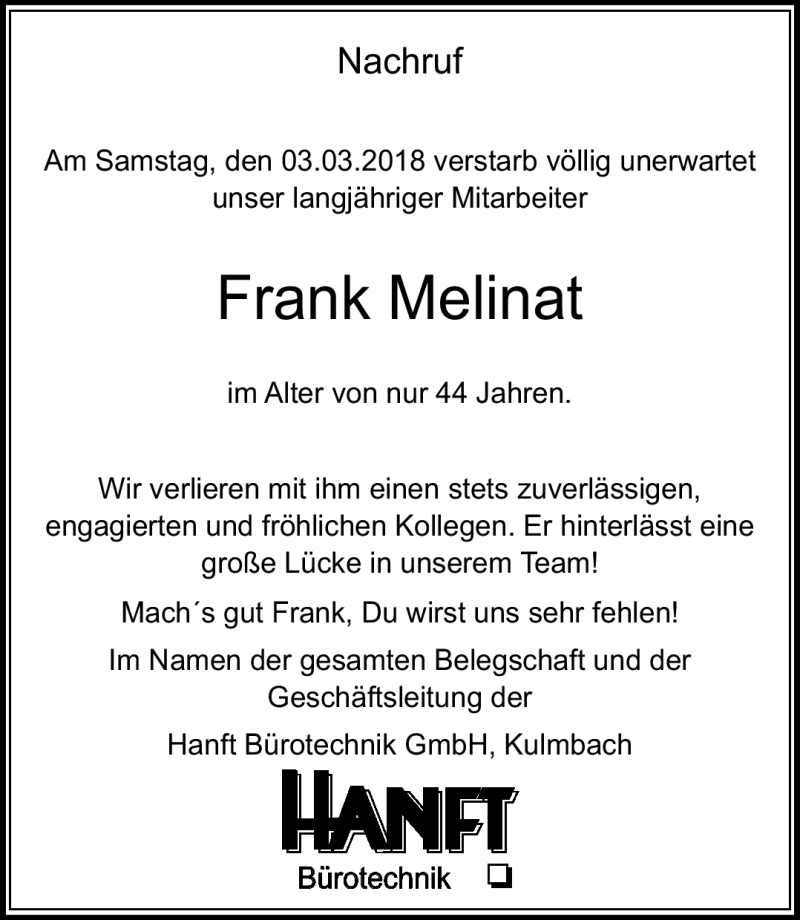  Traueranzeige für Frank Melinat vom 12.03.2018 aus Frankenpost