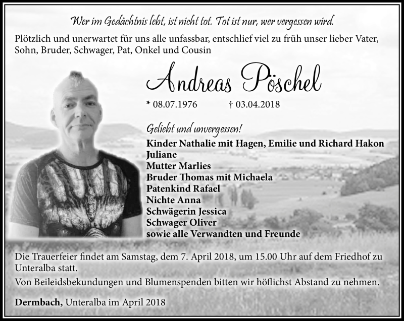  Traueranzeige für Andreas Pöschel vom 06.04.2018 aus Südthüringer Presse