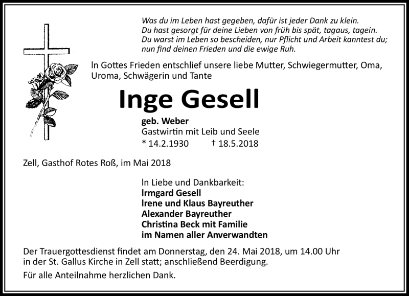  Traueranzeige für Inge Gesell vom 22.05.2018 aus Frankenpost
