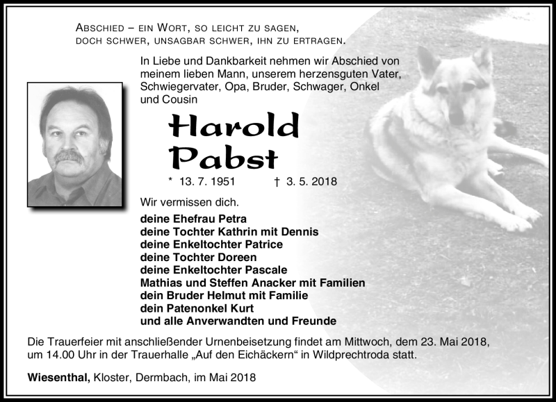  Traueranzeige für Harold Pabst vom 17.05.2018 aus Südthüringer Presse