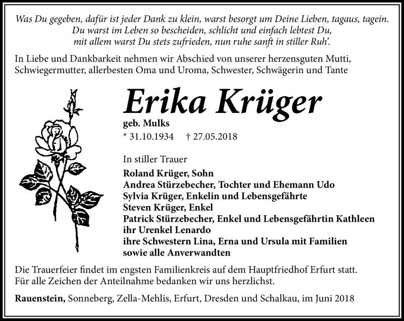  Traueranzeige für Erika Krüger vom 09.06.2018 aus Südthüringer Presse
