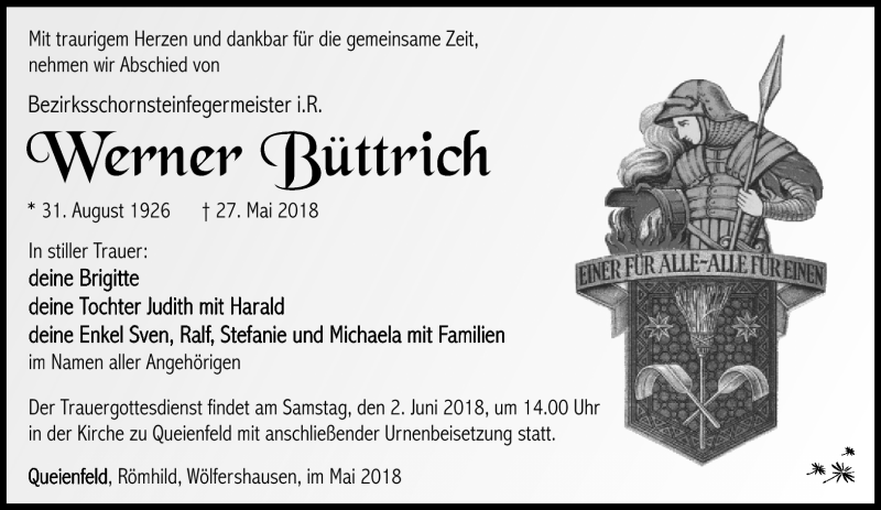  Traueranzeige für Werner Büttrich vom 30.05.2018 aus Südthüringer Presse