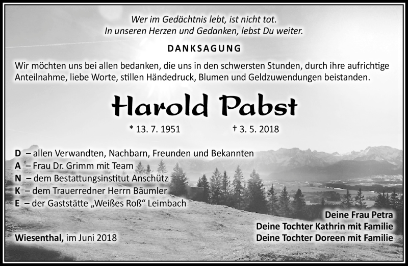  Traueranzeige für Harold Pabst vom 22.06.2018 aus Südthüringer Presse