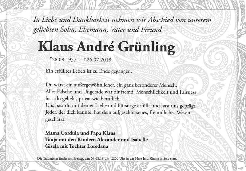  Traueranzeige für Klaus Grünling vom 01.08.2018 aus Frankenpost