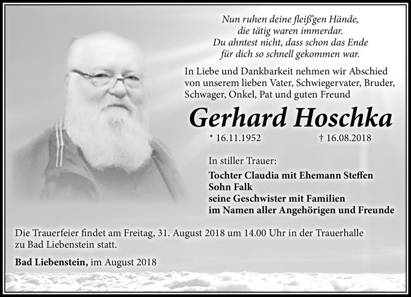  Traueranzeige für Gerhard Hoschka vom 25.08.2018 aus Südthüringer Presse