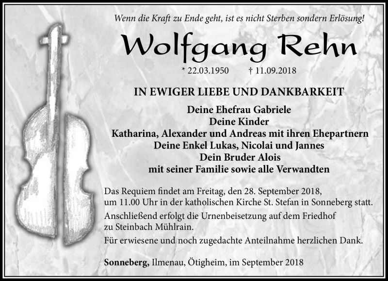  Traueranzeige für Wolfgang Rehn vom 19.09.2018 aus Südthüringer Presse