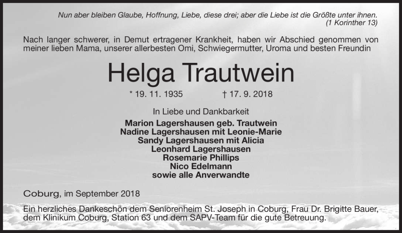  Traueranzeige für Helga Trautwein vom 29.09.2018 aus Neue Presse Coburg