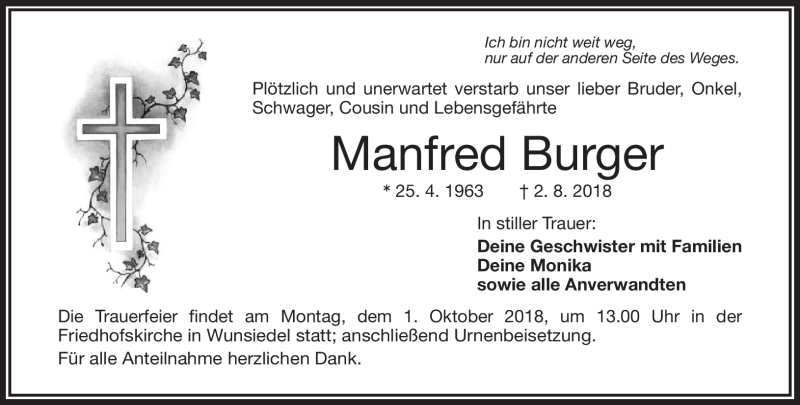  Traueranzeige für Manfred Burger vom 27.09.2018 aus Frankenpost