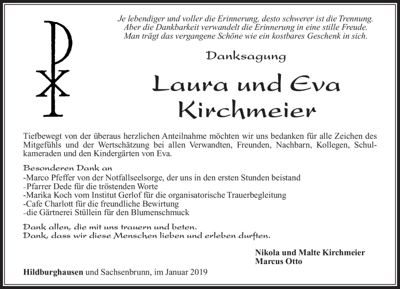  Traueranzeige für Laura und Eva Kirchmeier vom 12.01.2019 aus Südthüringer Presse